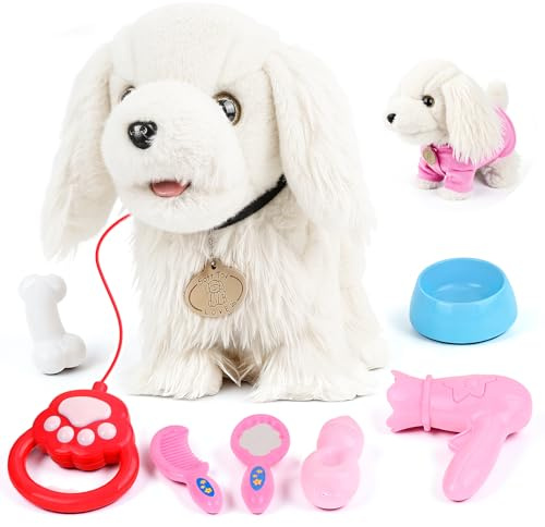 Vankarr Chien Interactif Jouet Enfant,avec Laisse Peluche Chien Jouet Enfant,Chiens Qui Marche et aboie, Électronique Chiens Jouets Enfants,Jeu de Rôle Cadeau pour Garçon Fille 2 3 4 Ans(Blanc)