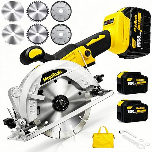 MoJoTools 5-Inch Cordless Circular Saw, Brushless 20V, 2×6.0Ah Batteries & Charger, 3-Speed Up to 7000 RPM, 0–45° Bevel, 2.0@90° Cut Depth, Aluminum Shoe, Rip Fence
