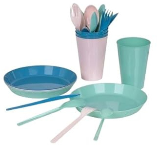 Service de table en plastique 24 pièces pour 4 personnes, avec couverts et cuillères à dessert, sans BPA, 2 modèles de couleurs pastel