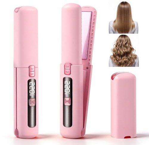 Cordless Hair Straightener and Curler, 2 in 1 Mini Travel Flat Iron for Women, 220°C Max, USB-C Rechargeable Portable Curling Iron Fast Heating with LCD Display for Short Hair, 4500mAh, 6 Temps