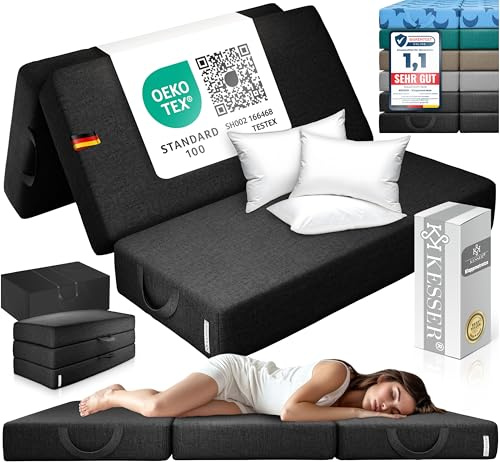 KESSER Materasso pieghevole 120 x 195 x 15 cm, pieghevole a 3 scomparti, in gommapiuma 25 kg/m³, extra spesso, 15 cm, traspirante, lavabile, fodera rimovibile, inclusa borsa da campeggio