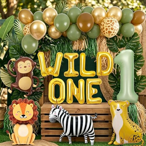 Dschungel Deko 1 Geburtstag Set Wild One Geburtstagsdeko 1 Jahr Safari Tiere Waldtiere Folienballon für Junge Mädchen Party Geburtstags Dekoration