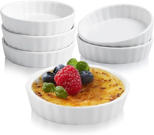 Spymero 6 Pack Creme Brulee Ramekins, 8 Oz, Round, Fluted, Porcelain | Oven Safe Quiche Dishes and Mini Tart Pans for Baking Souffle, Mini Pies, Dipping Sauces, Tart