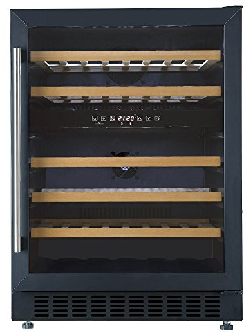 Cookology CWC605BK 60cm Freestanding Wine Cooler Fridge, Built Under Counter with Digital Dual Temperature Zones, LED Light, Anti UV Glass, 46 Bottle, 129 Litre Capacity - in Black