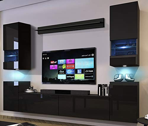 Furnitech Wohnwand Modern | Wohnwand mit LED RGB - 16 Farben | Hängend Wohnzimmer Schrankwand mit Regale und TV Schrank (Future 68/HG/B/1 1B)