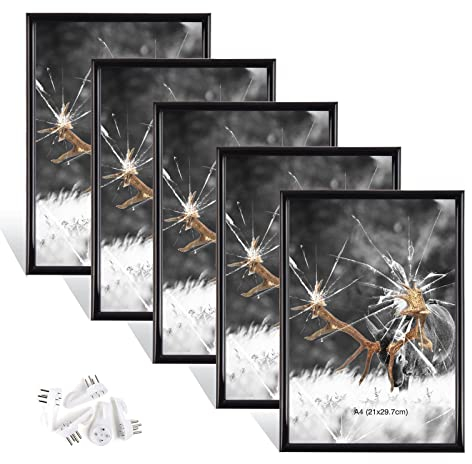 Dmyifan 5er Bilderrahmen A4 Schwarz Fotorahmen Set, Bilderrahmen Plexi-Glas Portraitrahmen Mit Nahtloser Haken, Wohnzimmer zum Stellen und Hängen, Dekorahmen für Fotos Portrait Jubiläum