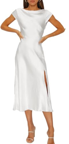 Women's Summer Satin Elegance Backless Twist Cap Sleeves Midi Dress 2026 Sexy Cowl Neck Slit Cocktail Wedding Guest Dresses, White, XL