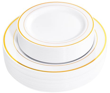 FLOWERCAT 60PCS Gold Plastic Plates - Heavy Duty White and Gold Plastic Plates Disposable for New Year Party/Wedding - Include 30PCS 10.25 Dinner Plates and 30PCS 7.5 Dessert Plates