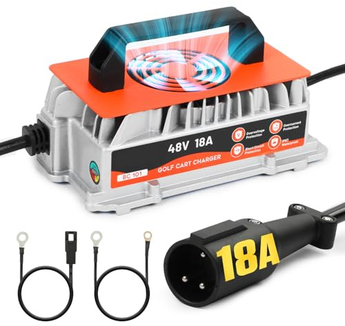 KAISAL 48V 18A Golf Cart Battery Charger for Club Car, IP67 Waterproof Fully Automatic 48V Trickle Charger, 7-Stage Smart Trickle Charger for Lead-Acid Batteries, 3-Pin Round Plug