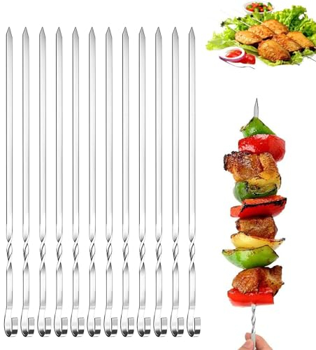 12PCS BBQ Metal Skewers - 30cm Stainless Steel Kebab and Grilling Sticks for Barbecue, Meat and Vegetable, Party Essentials