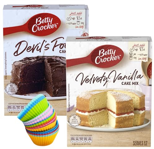 Instant Baking Bundle with Betty Crocker Chocolate & Vanilla Cake Mixes (425g Each) & 24 Silicone Cupcake Moulds