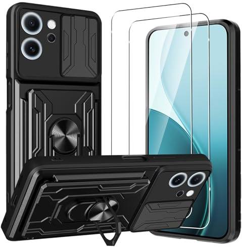 CONAPIKA Cover per Oppo Reno 14F 5G con 2 Pezzi Vetro Temperato, Magnetica Kickstand Protezione Fotocamera Slot per Schede Rigida Antiurto Cover Militare Resistente Robusta Custodie Protettiva,Nero