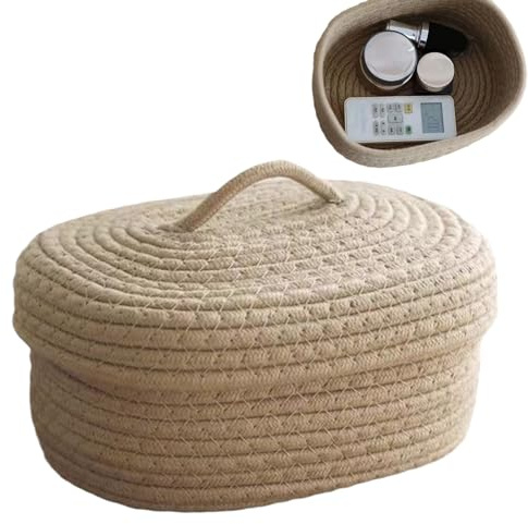 Cotton Rope Storage Basket With Lid - Lidded Woven Oval Cotton Rope Organizer Bin | Large Storage Box For Phones Towel Cosmetics Small Clothing Daily Necessities | Diaper carrier For Nursery