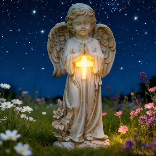RNPKZ Statue du Jardin des Anges, Lumière Solaire d'ange Priant, Sculpture Ange Gardien avec Lampe LED Solaire, Auto-on, Résistant Aux Intempéries pour Patio, Porche, Cour, Balcon, Cimetière, Tombe