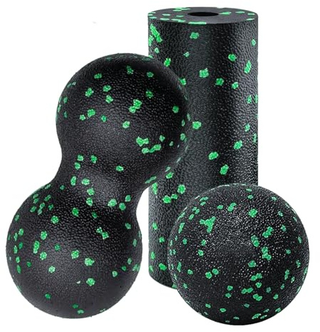 Set di 3 palline fasciali, palla per massaggi, palla per allenamento fasciale, palla singola + doppia palla + piccolo rullo per fascia (verde)