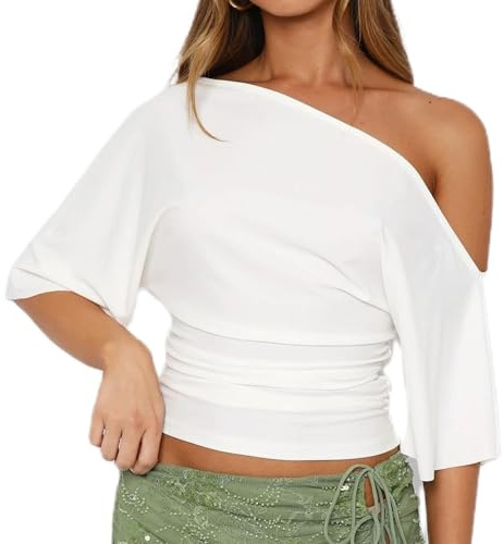 Women Cinched Waist Crop Top Y2K Off The Shoulder Short Sleeve T-Shirt Going Out Ruched Tees Summer Basic Blouse (White, S)