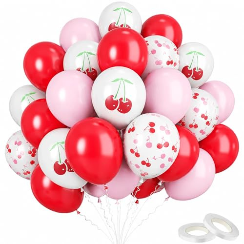Catelves Kirschballons Rot Rosa 60 Stück Set, Kirsche Luftballons 12 Zoll mit Kirschdruck & Streukirschen, Latex Helium Ballons für Geburtstag, Sommerparty, Mottoparty, Gartenparty & Party Deko