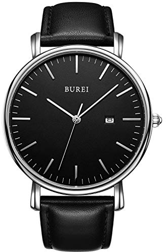 BUREI Herrenuhr, Minimalistisch Analog Quarz Uhr Wasserdicht Ultradünne Herrenuhr Lederarmbanduhr, Männergeschenk.