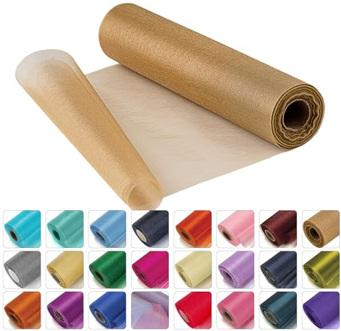 Weddecor, rotoli di organza velati per runner da tavolo, decorazione per matrimoni, fiocchi per sedie, decorazione per il tavolo, nastro per lavori artigianali, 25 m x 29 cm, Champagne