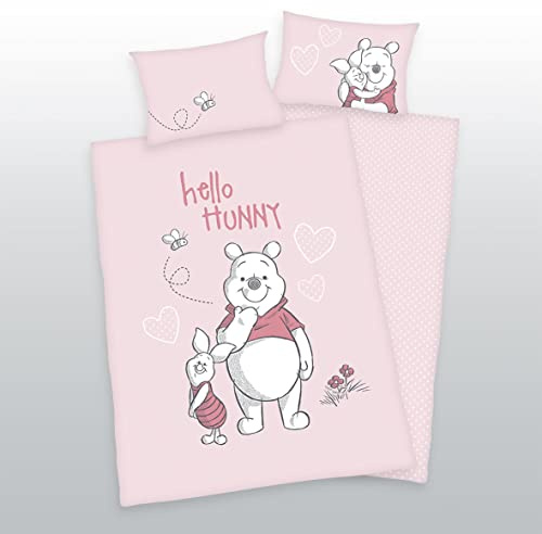 Arle-Living 3 TLG. Baby Bettwäsche Set mit Wende Motiv: Winnie Pooh - 100x135 cm + 40x60 cm + 1 Spannbettlaken 70x140 cm (rosa)