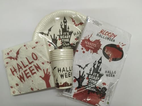 CAPRILO. Lote de Vajilla Decorativa Halloween-Terror (32 Vasos, 32 Platos, 32 Servilletas y 2 Manteles) .Detalles y Regalos para Fiestas de Halloween, Cumpleaños, Bodas, Bautizos y Comuniones.