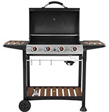 George Foreman 4 Burner Gas BBQ with Automatic Ignition & Integrated Thermometer, Black, Gas Barbecue, 2 Wheels Fitted Rack with 2 Shelves Wood Effect, GFGBBQ4BW