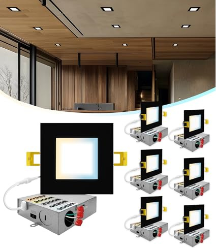 NUWATT 6 Pack 4 Inch Square Ultra-Thin LED Recessed Lighting, Selectable 2700K/3000K/3500K/4000K/5000K, 630 Lumens Dimmable, IC Rated, Black Slim Panel Light, Canless Wafer Lights, Metal J-Box