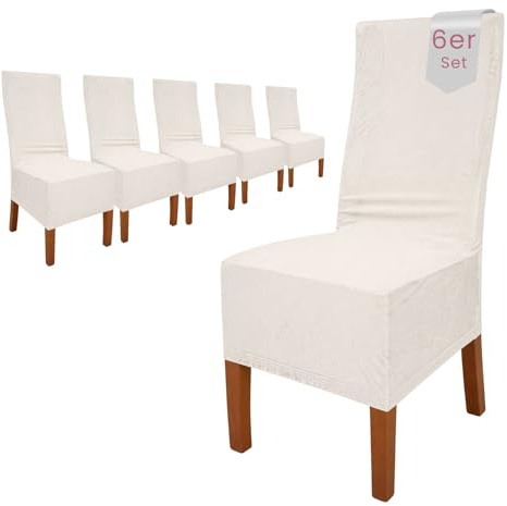 Scheffler Home Stuhlhussen Samt Weiß-Ecru 6er Set Puma | Weiche Velours-Stuhlbezüge, elastisch und waschbar, für Hochlehner, Polsterstühle und Esszimmerstühle