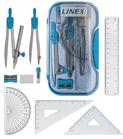 Linex Maths Geometry Set, 10-Piece Exam Kit with Transparent Case, Blue, Includes Self-Centring Compasses, Protractor, Ruler, Set Squares & Eraser