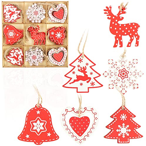COM-FOUR® Set de Colgantes de Madera para la decoración del árbol de Navidad de 27 Piezas - Adornos para la decoración del árbol de Navidad (27 Piezas - Rojo/Blanco)