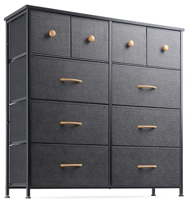 Nicehill Chest of Drawers with 10 Drawers, Dressers & Chests of Drawers Kids Dresser for Bedroom, Kids Room, Closet, Clothes, Fabric Dresser with Storage Drawers, Black Grey