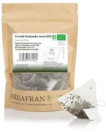 FRISAFRAN | Ekologiskt myntakrutgrönt te i pyramider 60En | 120g | Antioxidant | japanskt grönt te | Matsmältningskanalen | uppfriskande dryck | Infusion av mynta | rent te | Mintblad | varm-kall
