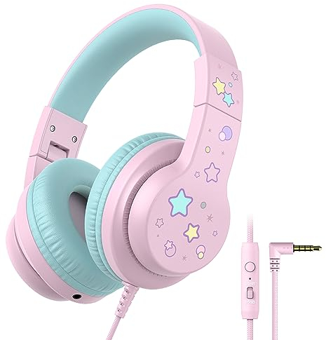 iClever HS19S Casque d'écoute pour école/Voyage avec Volume sûr 85/94 DB, Son stéréo HS19S pour Filles et garçons avec Micro FunShare, Casque Filaire Pliable de 3,5 mm pour iPad/Ordinateur