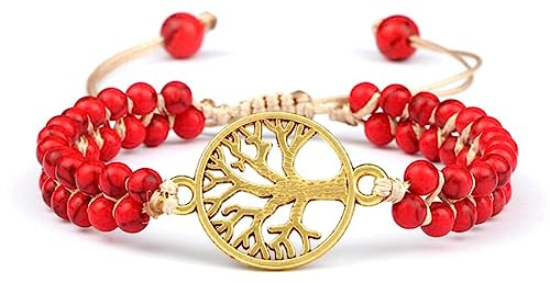 Handgefertigte Perlenarmbänder, Rot, 4 Mm, Naturstein, Baum des Lebens, Om-anhänger, Unendlichkeitswellen, Yoga-Schnur, Wickelarmbänder, Böhmen-schmuck