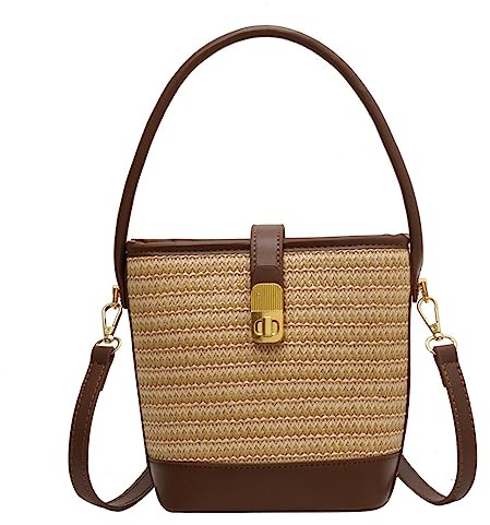 JS MOLD Damen Klein Strohtasche Mini Geflochten Eimer Tasche Crossbody Handtasche aus Stroh Sommer Strand Umhängetaschen mit Reißverschluss für Frauen (Khaki)