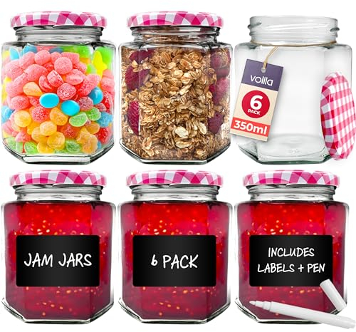 volila Glass Jars with Lids 350ml - 6 Pack Hexagonal Jars with Red Gingham Screw Top Lids - Airtight Glass Jars with Lids for your Homemade Jam, Marmalade and Chutney - Jam Jars with Lids