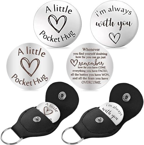 ZEACCT 2 Pièces Jeton de Câlin de Poche, Jeton de Poche avec Inscription, Jeton de Poche avec Porte-clés en Cuir, Souvenir en Acier Inoxydable Double Face pour Famille Enfants Amis