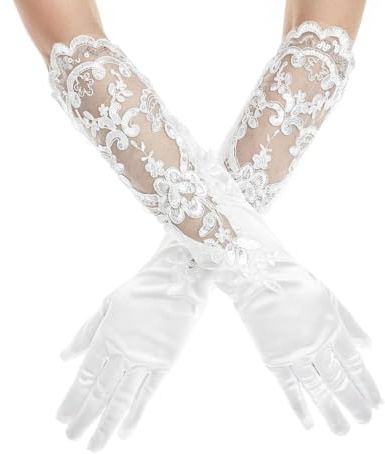 KSJEHW Guanti Lunghi da Donna in Raso per Opera, da Ballo, da Sposa, per Feste(Bianco,46cm)