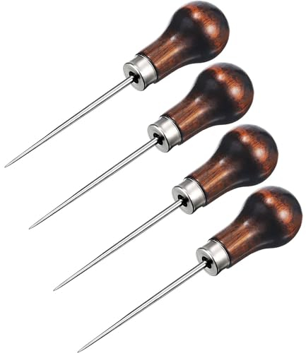Alène de Couture en Cuir, 4 pcs Alène en Cuir Poinçon Cuir Outil poinçon manche en bois Outil De Couture Bricolage Cuir Artisanat Couture Poinçon Cuir Outil De Couture Poinçon de Perforation en Cuir