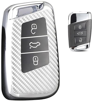 ontto Schlüsselhülle Passt für VW Passat B8 Jetta Arteon R Golf Atlas Magotan für Skoda Superb Octavia 3 Taste TPU Kohlefaser Autoschlüssel Hülle Etui Schlüsselbox Schlüsselgehäuse Auto Zubehör-Silber
