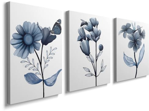 Canvas Wall Art 3 Piece for Living Room Blue Floral Picture Wall Decor for Dining Room Bedroom Bathroom Kitchen Print Painting for Home Decorations, YH083