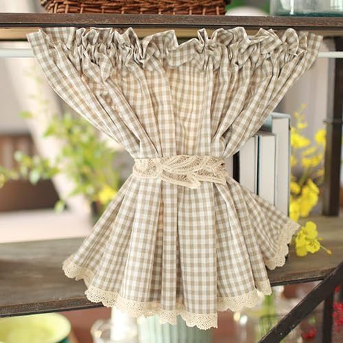 YHWKGZ Cortinas de Cocina, Marrón claroCortina Corta, Cenefa de Cortina de algodón y Lino a Cuadros pequeños, Cortinas de bistró de Estilo Rural, Cortinas de sombrilla de café(W51.1xH35.4/130x90cm)
