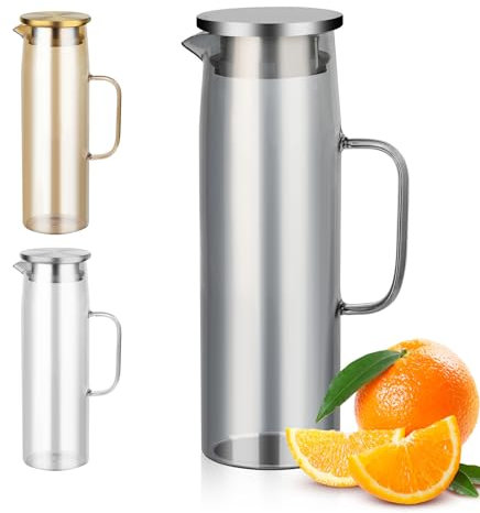 Bearrerp 1.5 L Jarras Agua Cristal, hervidor resistente al calor,jarra de agua con tapa sellada, para agua fría/caliente, vino, té helado y jugos (Negro)