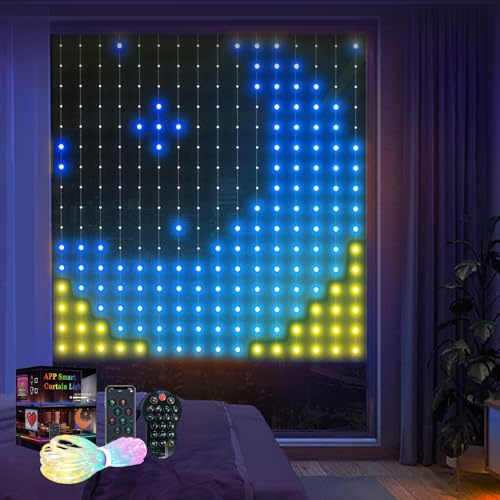 GeluEla 1,6x1,6m LED Lichtervorhang mit 256 LEDs, Vorhang Lichterkette Fernbedienung und APP Steuerung, Smart Mehrfarbig Vorhang Lichter DIY Dynamisch Muster, IP65 Wasserfest, für Party Deko