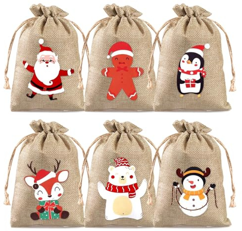6Stk Weihnachten Jutesäckchen, Klein Jutesack Geschenktüten Mit Kordelzug, Weihnachts Süßigkeiten Tasche, Party Leckereien, Advent Tasche Für Kinder, 10x15cm