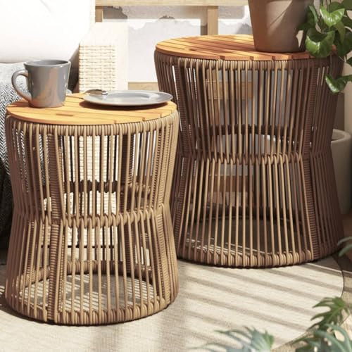 Somanki Garten-Beistelltische 2 STK. mit Holzplatte Beige Poly Rattan, Gartentisch, Terrassentisch, Esstisch Garten, Balkontisch, Gartenesstisch, Gartenmöbel, Partytisch - 366293
