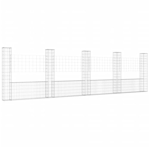 IKAYAA Gabionen Zaun U-Form mit 6 Säulen Steingabionen Steinkorb Gabionenwand Gabionenkörbe Gabionengitter Drahtkorb Steingabionen 500 x 20 x 150 cm