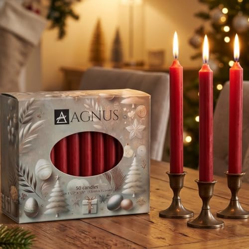 Lot de 50 bougies de Noël rouges foncées de 11,4 cm 100 % naturelles Baumkerzen - Carillon de Noël pyramide - Sans fumée, sans goutte, flamme dorée - Bâton de table, casher, non parfumé