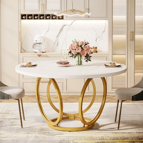 Tribesigns Runder Esstisch für 4, Weißer Küchentisch mit goldenem Metallfuß, Esstisch aus Holz, Couchtisch für Küche, Esszimmer, Café (120 * 120 cm, Weiß und Gold)