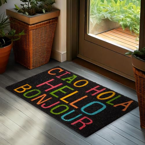 BRUBAKER Doormat for Outdoor and Indoor Use - Ciao Hola Hello Bonjour - 17.7 x 29.5 inches (45 x 75 cm) Dirt-Trapping Mat Made of 100% Coir - Weatherproof Anti-Slip for Front Door - Black Colourful